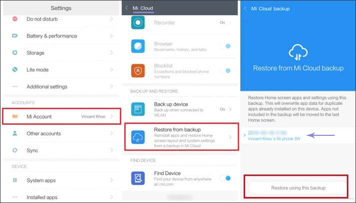 restore via Mi Cloud