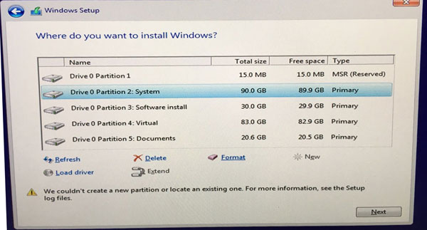 select partition to install windows 10