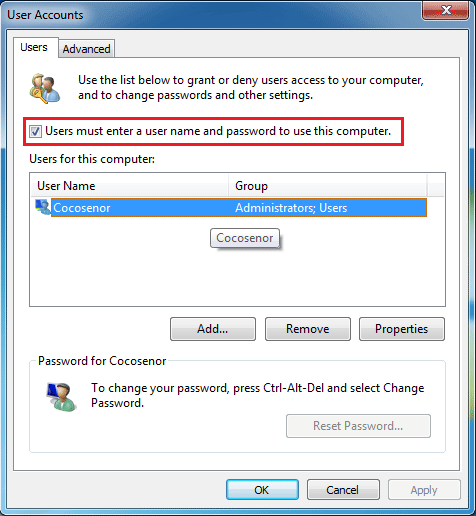 user must enter password on windows 7