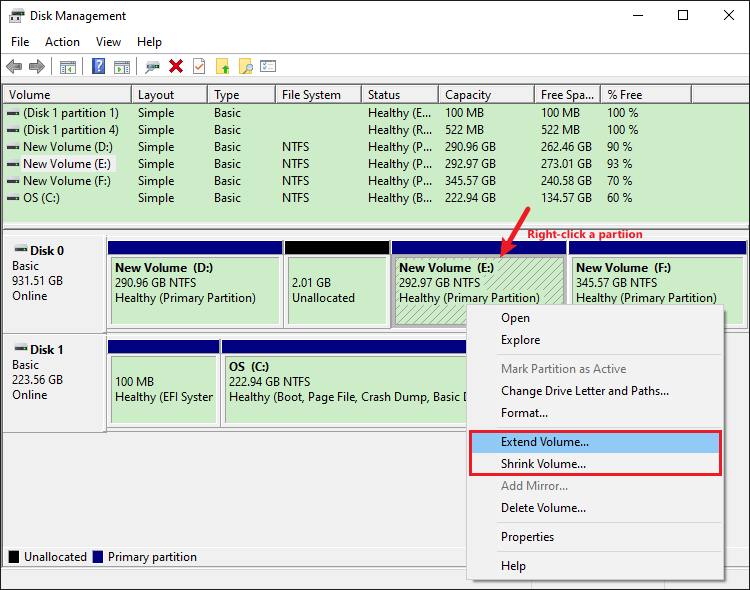 Choose Extend or Shrink Volume