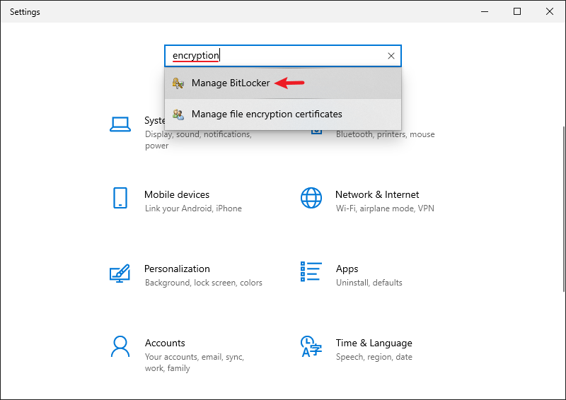 Type encryption in Settings