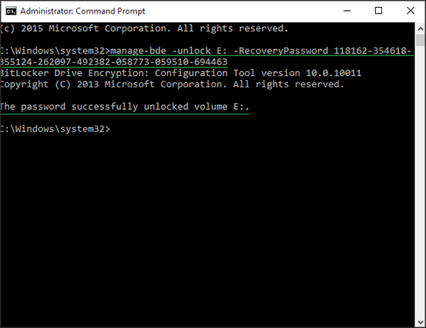 unlock bitlocker drive from command prompt without recovery key and password