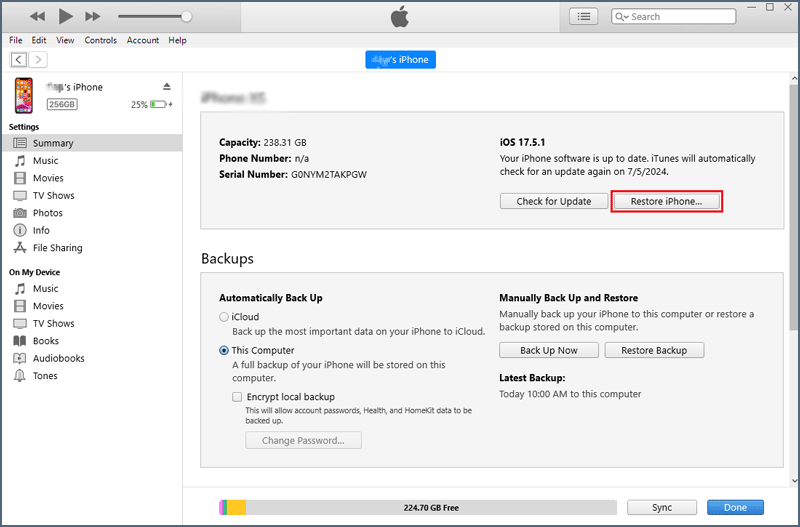 Restore iPhone on iTunes