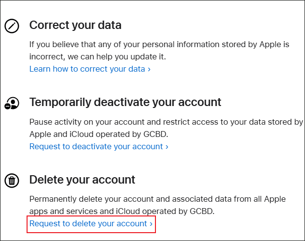 Click Request to delete your account