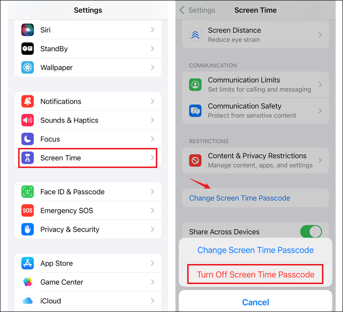 Turn off Screen Time passcode