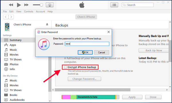 turn off backup encryption in itunes