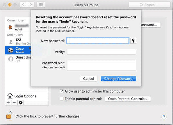 change mac password from admin account