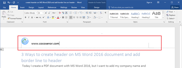 how to add a line under header in word 2016 shortcut keys