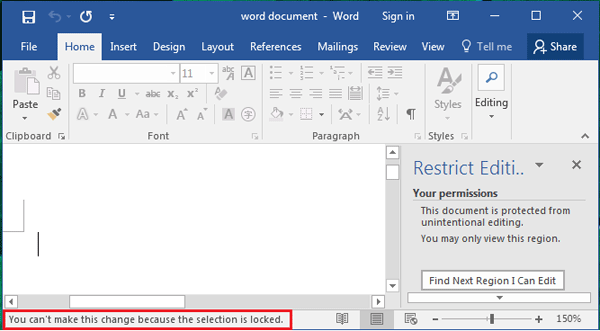 microsoft word selection is locked
