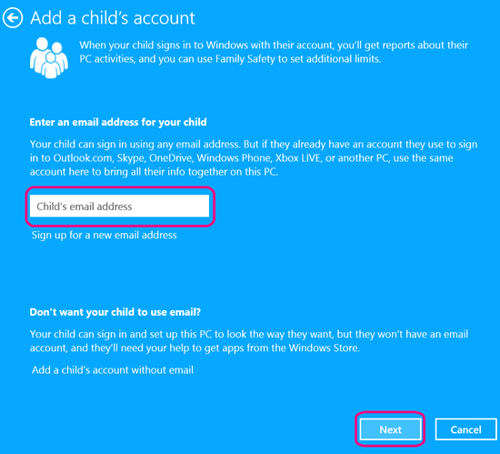 enter child email address