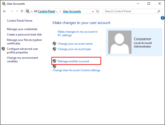 Click Manage another account