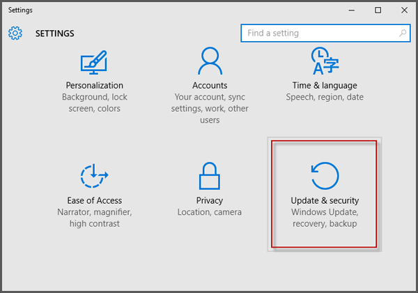 select update and security on settings panel