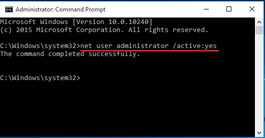 command line activate administrator account windows 10