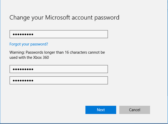 changing password on microsoft account