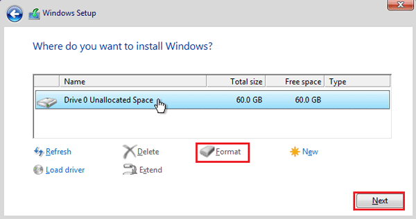 select where to install windows 10