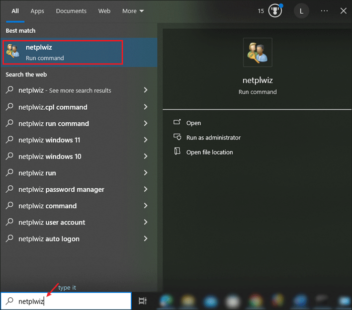 Search for netplwiz