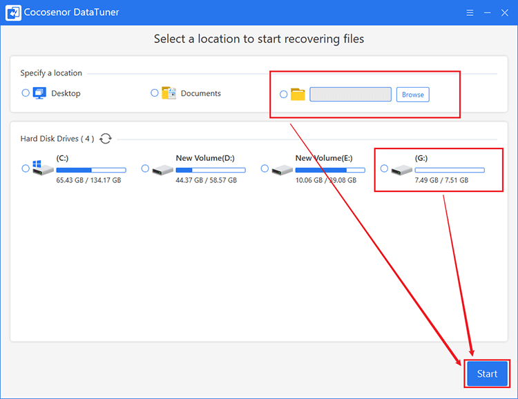 select a location or sd card to start recovering files