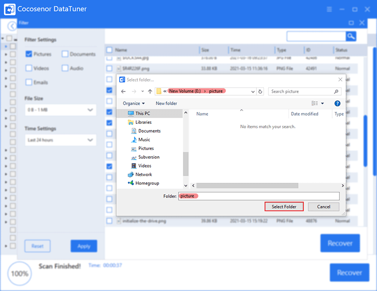 select folder for restored files