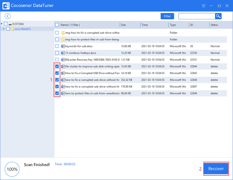 check-select files and recover them