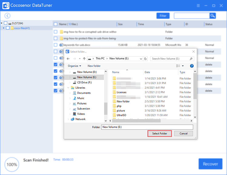 select folder to restore deleted files