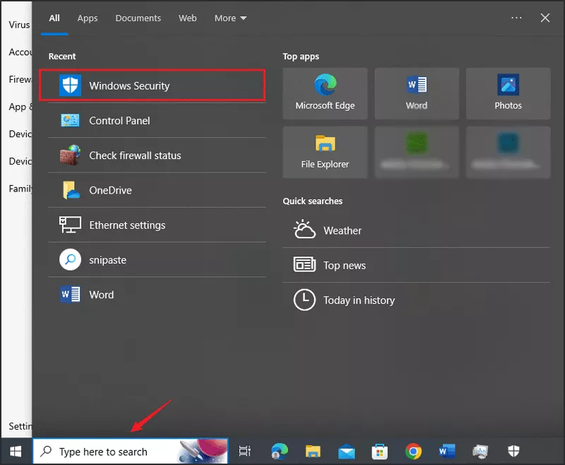 search for Windows Security