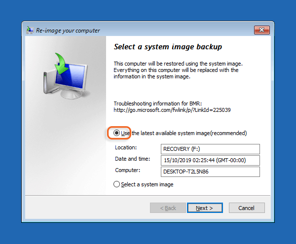 select Windows 10 system image backup