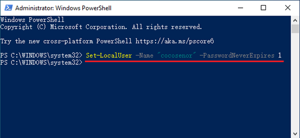 powershell script to set windows 10 password never expires