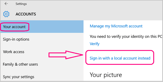 sign in with a local account instead