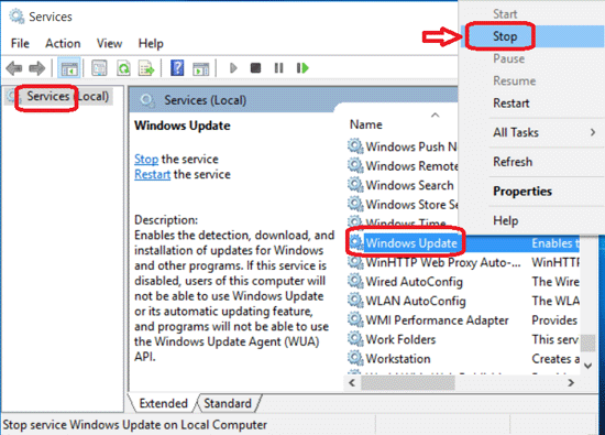 stop windows update service