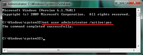 cmd to active administrator in win 7
