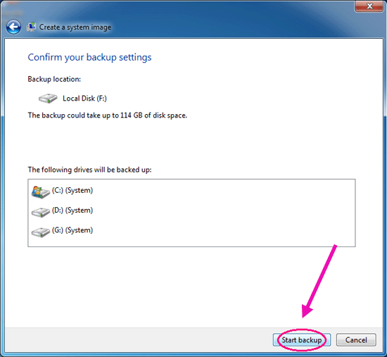 start to backup windows 7 system