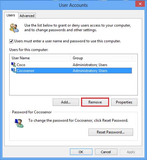 how to delete account on windows 8