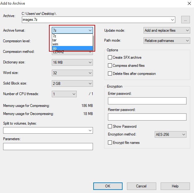 select zip as archive format in 7 zip