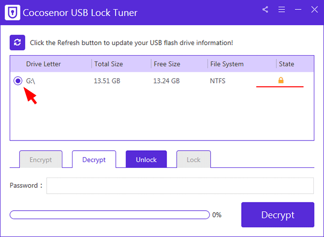 select the encrypted USB drive to decrypt